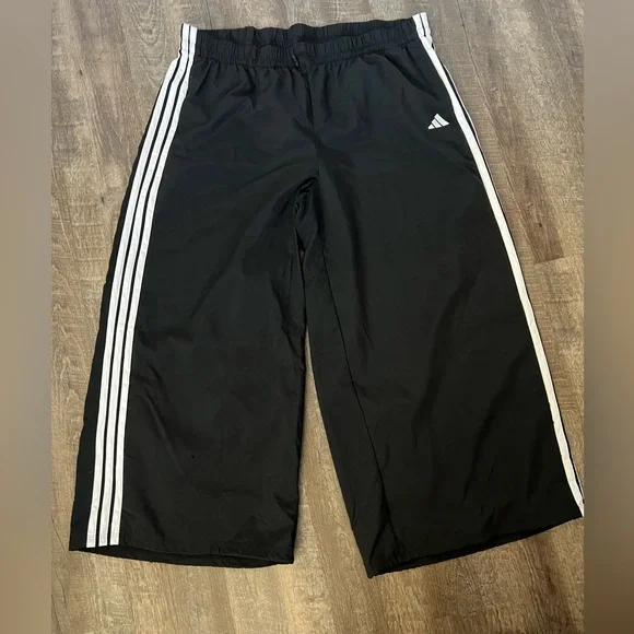 adidas Black Wide Leg Trousers with White Accents - Picture 2 of 10